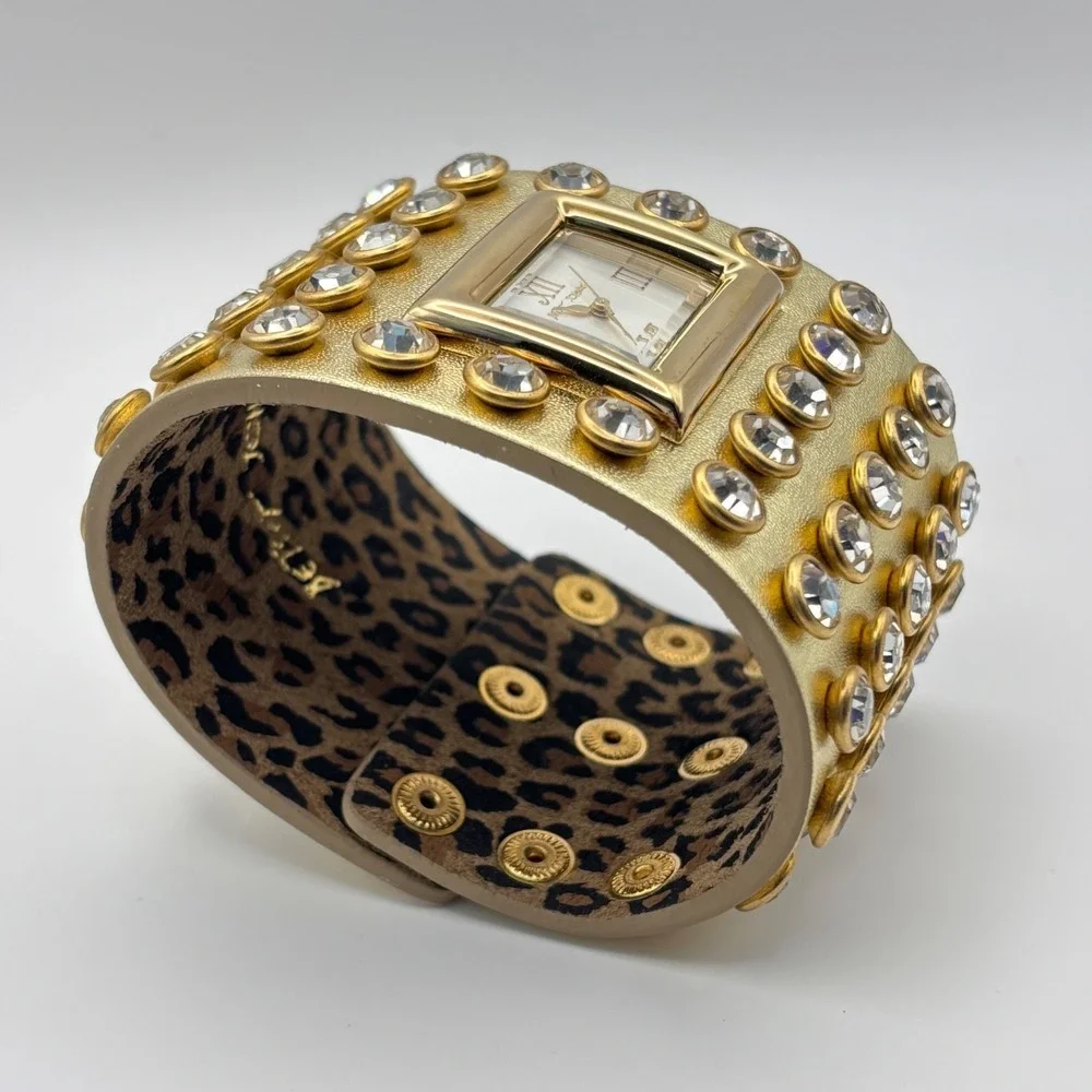 Betsey Johnson Leather Crystal Watch Wide Cuff Gold Tone - Needs Battery - Picture 6 of 15